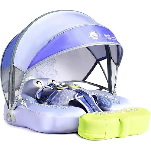 Mambobaby Non-Inflatable Baby Pool Float with Tail and Canopy UPF 50+ Sun Protection No Flip Over Infant Swim Float Skin-Friendly Mambo Float Swim Trainer Solid Baby Swimming Ring Aged 3-24 Months