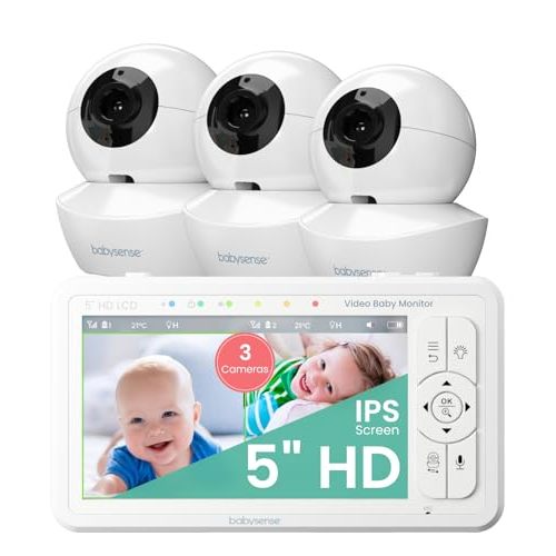 Babysense 5" HD Split-Screen Baby Monitor, Video Baby Monitor with Camera and Audio, Three HD Cameras with Remote PTZ, Night Light, 960ft Range, Two-Way Audio, 4X Zoom, Night Vision, 4000mAh Battery