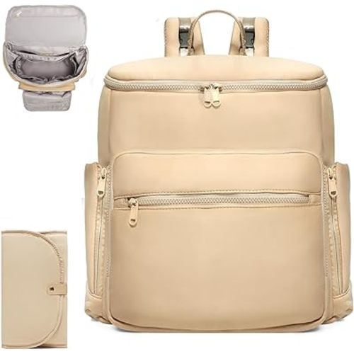 Diaper Bag Backpack, Neoprene Bag Backpack, Large Diaper Backpack with 16 Diaper Bag Organizers, 4 Insulated Pockets, Lighweight Travel Baby Bag with Changing Pad for Mom & Dad, Apricot
