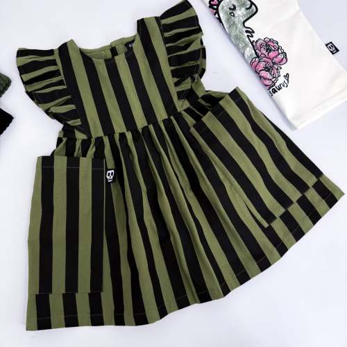 OLIVE GREEN & BLACK STRIPE FRILL SLEEVE DRESS