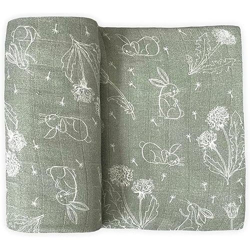 Leyl&Ari Muslin Swaddle Blanket | 70% Viscose from Bamboo 30% Organic Cotton | Bunny Baby Blanket for Boys and Girls (Sage/Bunny & Dandelion)