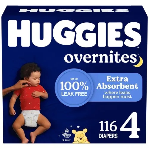 Huggies Size 4 Overnites Baby Diapers: Overnight Diapers, Size 4 (22-37 lbs), 116 Ct (2 Packs of 58), Packaging May Vary