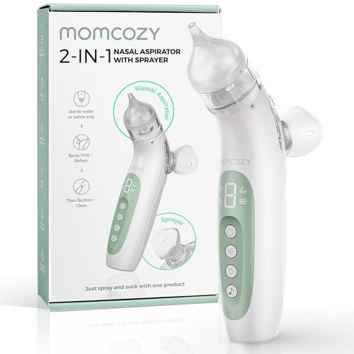 Momcozy Nasal Aspirator for Baby, Innovative 2-in-1 Electric Nose Suction with Spray, 65kPa Nose Sucker with 4 Adjustable Suction Levels,Portable Electric Nose Cleaner,Light & Music Soothing Functions
