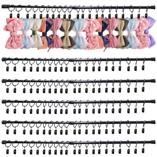 5 Pcs Wall Hanging Bow Holder Girls Hanger Headband Storage Organizer Include 5 Black Adjustable Rods 120 Metal Bow Storage Hanger 15 Wall Hooks for Closet Nursery Decor