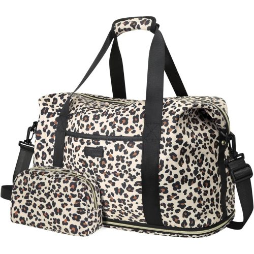 Expandable Travel Duffle Bag, Large Weekender Overnight Bags for Women Men 20.5 Inch Waterproof Carry on Shoulder Tote Bags for Hospital Maternity Mommy Gym with Toiletry Bag Leopard