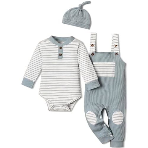 Baby Boy Outfits Stripe Print Romper Top and Baby Overalls with Hat Baby Boy Clothes Fall Winter