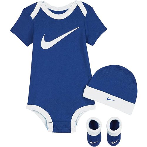 Nike Baby Boys Bodysuit, Hat and Booties 3 Piece Set (Blue Gaze(LN0072-U89)/White, 0-6 Months)