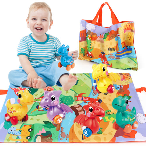 Dinosaur Toy Car, 6PCS Wind Up Cars for Toddler 1-3, Baby Dinosaur Toy with 2 in 1 Map Bag, 2 Year Old Boys Girls Educational Birthday Gift
