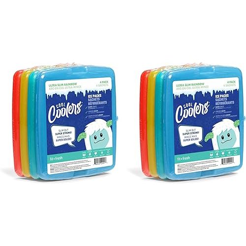 Cool Coolers By Fit & Fresh 4 Pack Slim Ice Packs, Quick Freeze Space Saving Reusable Ice Packs for Lunch Boxes or Coolers, Multi Colored, 2 Packs of 4