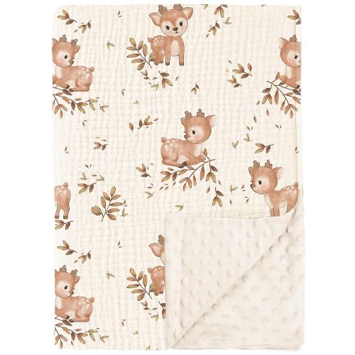 Konssy Baby Blankets for Unisex Boys Girls, Super Soft Nursery Minky Blankets with Muslin Cotton Front and Dotted Fleece Backing, Printed Bed Throws Newborn