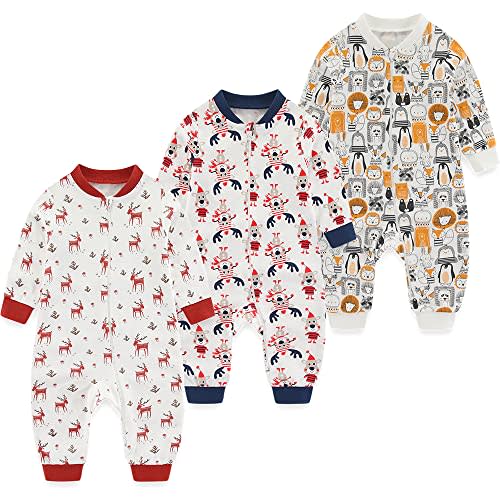 MAMIMAKA Newborn Baby 2-way Zipper Romper Cotton One-piece Jumsuit 3-pack, 0-24 Months