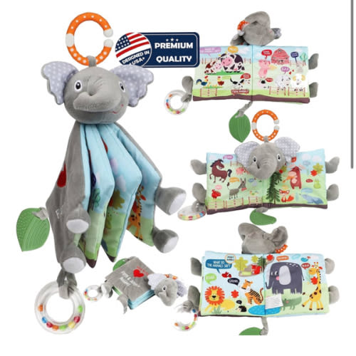 Elephant Touch and Feel Baby Books Toys 0-6 Months, Loveys Crinkle Books for Babies,Infant Toys 6-12-18 Months 1-2 Year Old, Baby Shower Christmas Gifts Soft Cloth Book Teething Rattle for Boys Girls