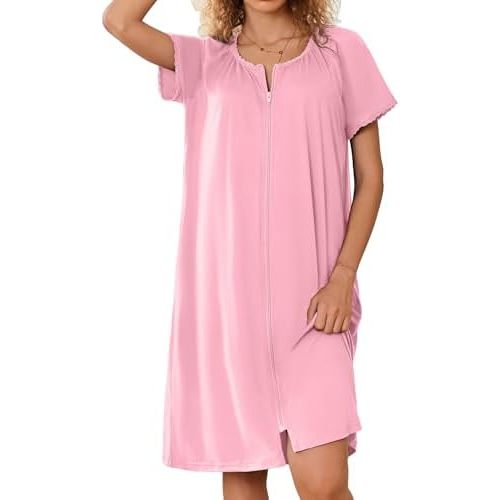 Ekouaer Zipper Robes for Women Short Sleeves Knit Bathrobes Knee Length Soft Lace Trim Loungewear with Pockets S-3XL