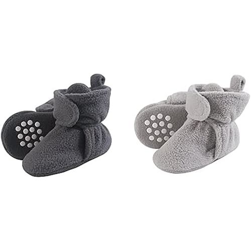 Luvable Friends Boy Cozy Fleece Booties 2-Pack, Charcoal Neutral Gray, 0-6 Months