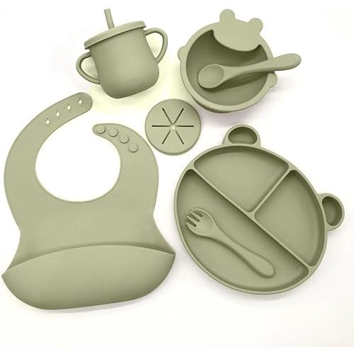 Silicone Baby Feeding Set, Toddler Feeding Set With Divided Suction Plate Bowl Spoons Forks Sippy Cup Adjustable Bib Non Slip Mat, Baby Eating Utensils, Bear Shape, 7-Piece, (Green)