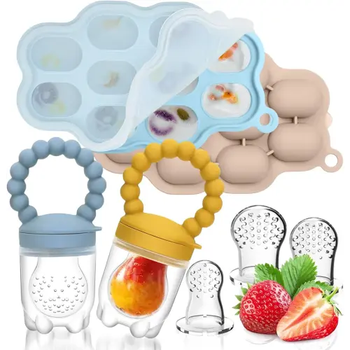 Silicone Baby Fruit Food Feeder, 2 Pack Freezer Tray with lid for Batch Prep,Introduce New Foods, Breastmilk Popsicle Molds, Silicone Teething Toys, Includes 6 Extra Food Pacifier