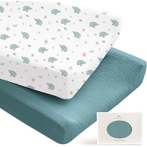 Konssy 2 Pack Muslin Changing Pad Covers for Boys, Ultra Soft & Breathable Cotton Baby Diaper Changing Table Covers, Neutral Nursery Diaper Changing Pad Sheets (Elephant,Teal)