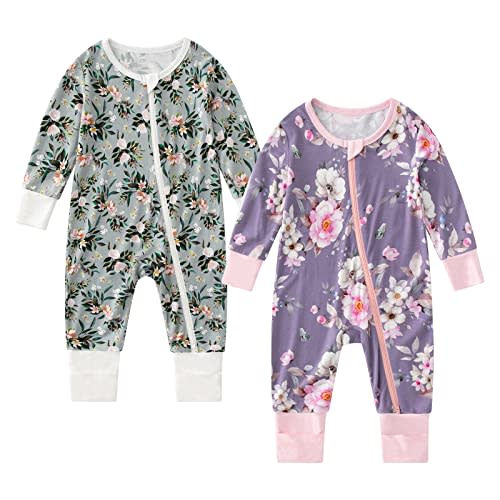 OPAWO Viscose from Bamboo Baby Pajamas Girl 2pack Mittens Cuff 2 Way Zipper Soft Footless Sleeper Baby Boy One-Piece Romper