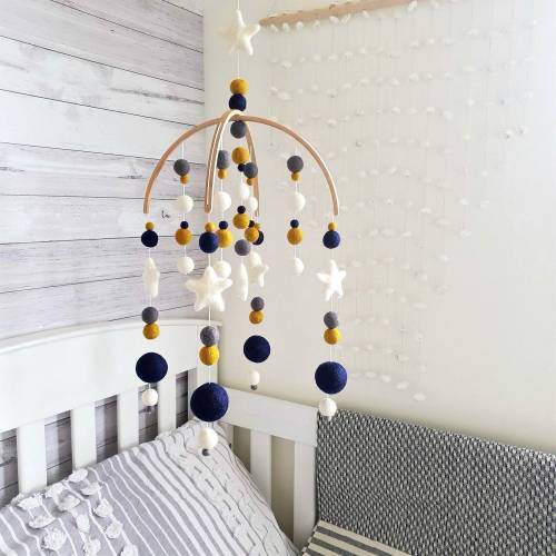 Mustard & Navy Nursery Mobile, Baby Mobile, Crib Mobile, Felt Ball and Star Mobile, Custom Colors Mobile, Pom Pom Mobile, Cot Mobile Baby