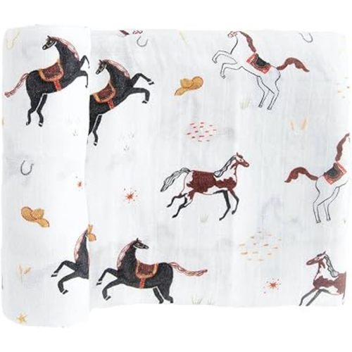 RED ROVR 100% Organic Cotton Muslin Swaddle | Newborn Receiving Blanket | Baby Wrap | Boy, Girl, Unisex | Soft, Lightweight, Breathable | Burping, Nursing | 44" x 44" | Howdy Horse