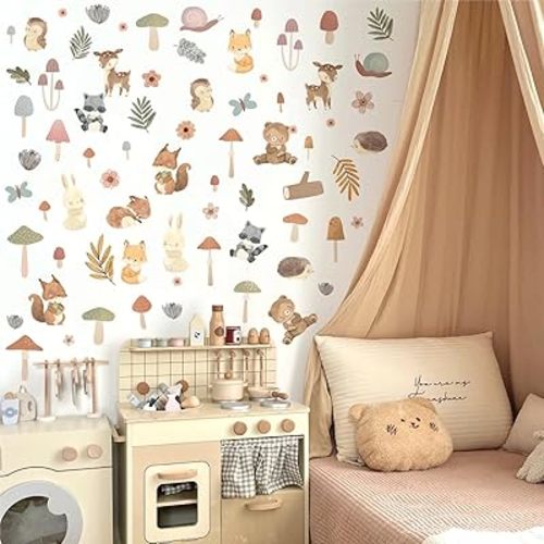 Woodland Animals Wall Stickers Small Mushroom Wall Stickers Cute Cartoon Animals Wall Decals Mushroom Forest Woodland Wall Decals for Kids Room Nursery Bedroom Playroom Decor