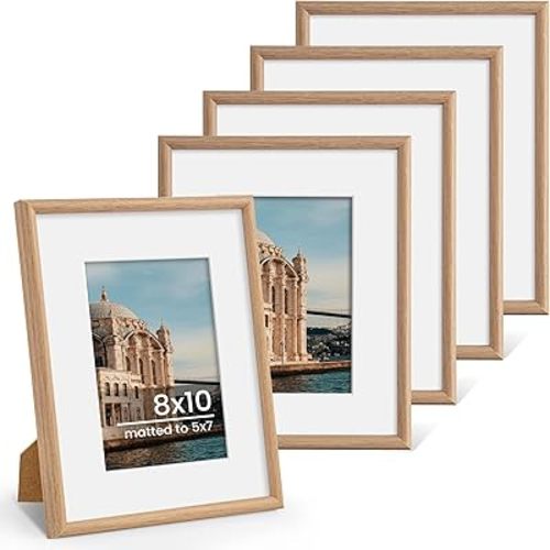 8x10 Picture Frame Set of 5, Display Pictures 5x7 with Mat or 8x10 Without Mat Photo Frames Wall and Tabletop Display, Oak Woodgrain