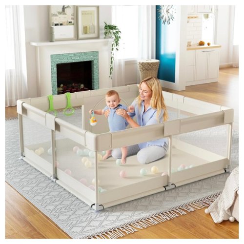 Fodoss Baby Playpen, Upgrade Playpen for Babies and Toddlers, 47x47inch Beige Play Pen for Babies with Hand Pulling Ring, Play Pen Center for Kids,Baby Fence,Kids Playards