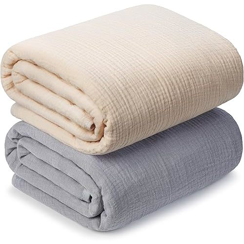 Muslin Swaddle Blankets for Newborn, 2 Pack Breathable Soft Receiving Blanket, Large 41 x 41 inches Swaddle Wrap Burping Clothes, Essentials Infant Shower Items. (Beige & Light Gray)