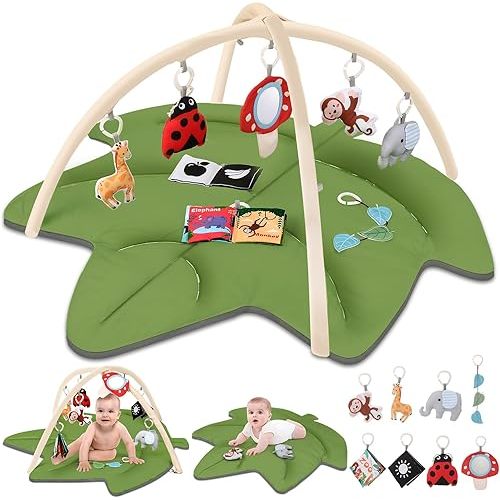 Baby Play Gym & Activity Mat, Leaf Shaped Tummy Time Mat with 8 Detachable Toys,Infant Play Mat for Stage-Based Sensory & Motor Skill Development,Christmas for Newborn Boys Girls