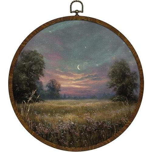 KLYTINK Rustic Floral Round Wall Art,Vintage Mid Century Canvas Print with Nature Scenery, Farmhouse Country Wall Decor for Bedroom or Living Room 10x10in (FJ03)