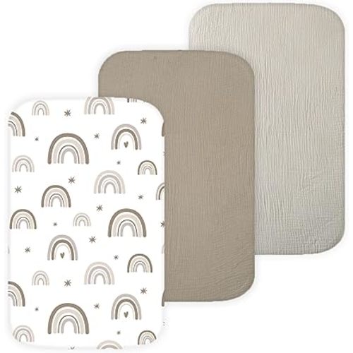 Muslin Bassinet Sheets Compatible with Chicco LullaGo, Dream On Me Skylar, Cloud Baby, Yacul Bedside Sleeper, 3 Pack, 20x32 in, Ultra Soft, Breathable, Snug Fit, Unisex Boys and Girls, Green Rainbow