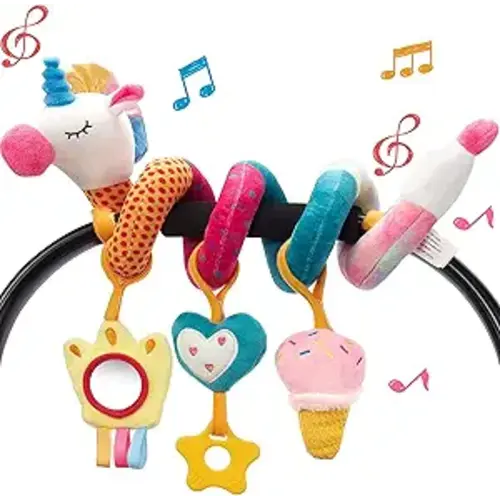 hahaland Car Seat Toys for Babies 0-6 Months Girl - Baby Toys 3-6 Months - Rattle, Mirror, Crinkle, Squeaky Carseat Stroller Toy 0-6 Months Developmental Newborn Baby Girl Birthday Gifts
