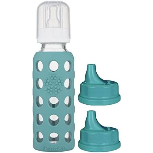 Lifefactory Glass Baby Bottle 9oz and 2 Transitioning Sippy Caps (Kale)