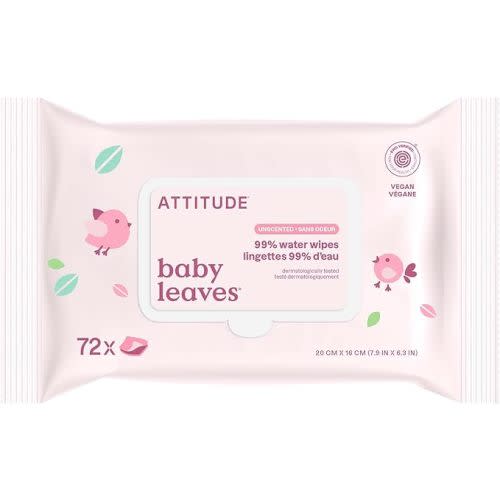 ATTITUDE Baby Water Wipes, EWG Verified, Safe for Newborns, Unscented & Fragrance-Free, 99% Water, Gentle & Hypoallergenic, Vegan & Dermatologically Tested, Travel Pack with Hard Lid, 72 Count