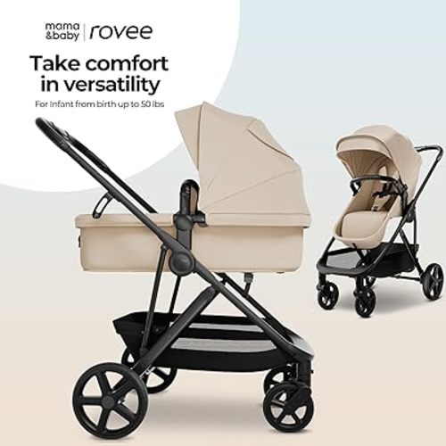MAMA & BABY Rovee Bassinet Baby Stroller, 2-in-1 Foldable Infant Stroller with Reversible Seat, UPF 50+ Canopy, All-Terrain Wheels for On-The-Go Families