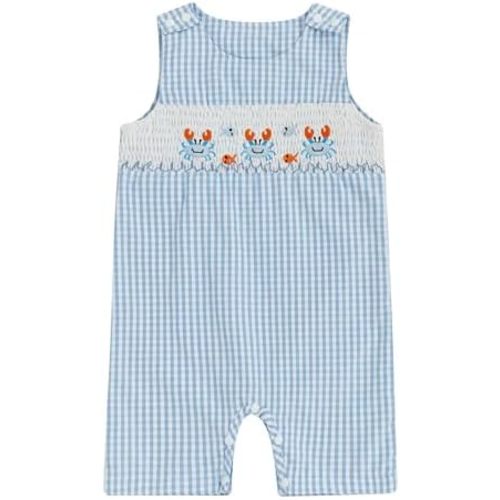 Newborn Baby Boys Sleeveless Seersucker Romper One Piece Straps Overalls Striped Jumpsuit Summer Smocked Clothes