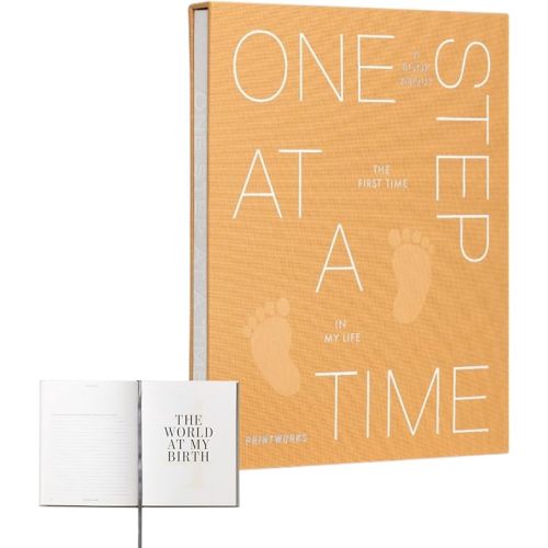 Printworks One Step At A Time – Baby Memory Book - 64-Page Photo album Keepsake with Slipcase - Premium Baby Book for Photos - Elegant Picture Organizer for Girls & Boys - Shelf-Display Ready Design