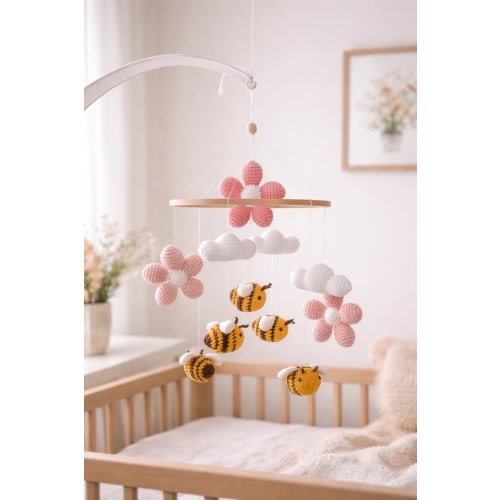 Bee baby mobile with flowers and clouds, floral nursery decor, boho nursery decor, cottagecore nursery, woodland crib mobile