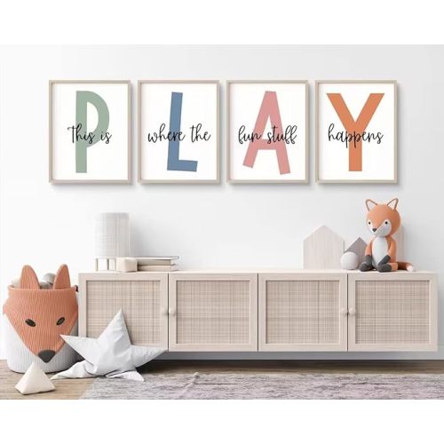 Baccone Kids Playroom Wall Art Playroom Wall Decor Childrens Playroom Canvas Prints Boy Kids Room Wall Art Decor Toddler Nursery Wall Art Playroom Artwork Let'S Play Sign 8x10 Inch Set of 4 UNFRAMED - 8x10 Inch Unframed - Playingroom Four Prints - A