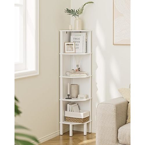 Corner Shelf, 5 Tier Corner Bookshelf, Display Corner Shelf Stand with Storage Rack, Wall Corner Bookshelf for Living Room, Bedroom, Office, White