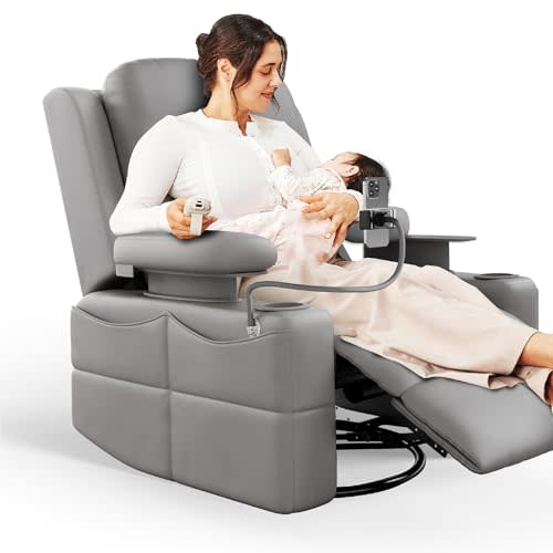 MAMAZING Rocking Chair Nursery with Adjustable Armrests, Electric Glider Recliner Nursing Chair for Breastfeeding, Power Swivel Recliner Chairs with USB Port and Storage, FSC Certified (Haze)