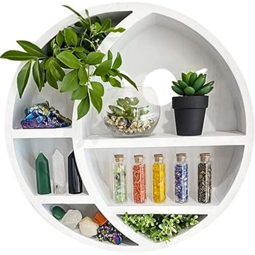 Ella & Emma Wooden Moon Shelf for Crystals - Crescent Moon Crystal Shelf, Crystal Storage & Wall Hanging Shelves for Bedroom Aesthetic, Moon Phase Wall Decor & Crystal Display Shelf, Pinewood, White
