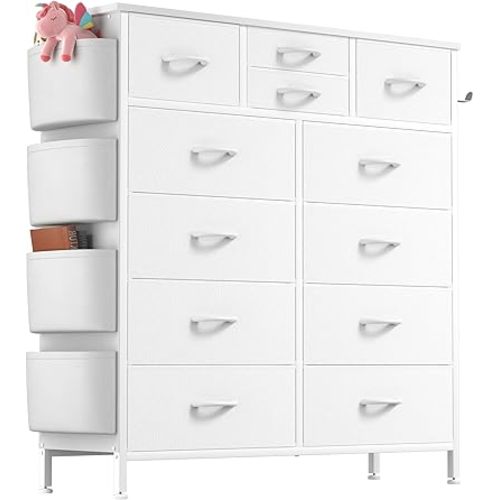 Lulive Dresser for Bedroom with 12 Drawers, Tall Dresser Chest of Drawers with Side Pockets and Hooks, Fabric Dresser Storage Tower for Closet, Hallway, Living Room (White)