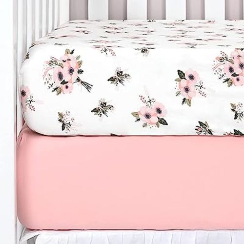 TILLYOU Fitted Crib Sheets - 100% Cotton Fitted Sheets for Standard Crib Mattress, Toddler Bed Mattress Fitted Sheets 2 Pack, Machine Washable, 28”x52”, Pink&Floral Flowers