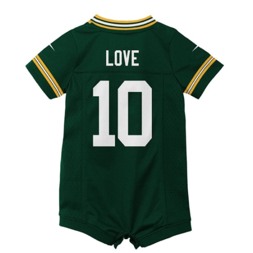 Green Bay Packers Newborn #10 Jordan Love Home Game Romper Jersey at the Packers Pro shop