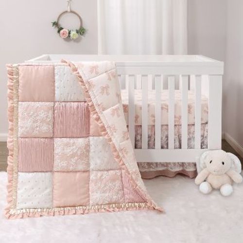 The Peanutshell 3 Piece Baby Crib Bedding Set for Girls - Cotton Fitted Crib Sheet, Layered Dust Ruffle, Comforter, Pink, Gold, Floral - Grace