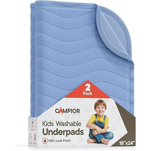 Washable Underpads Medium 18" x 24" (Pack of 2) - Reusable Waterproof Bed Pad for Babies and Kids Extra Heavy Absorbent Bedwetting Protection Soft Machine Washable, Blue