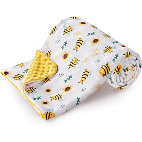 DaysU Silky Micro Soft Plush Baby Blankets Unisex with Print Animal Pattern and Soothing Raised Dots, Double Layer Bed Throws for Baby Crib, Bee, Yellow, 30x40 Inches
