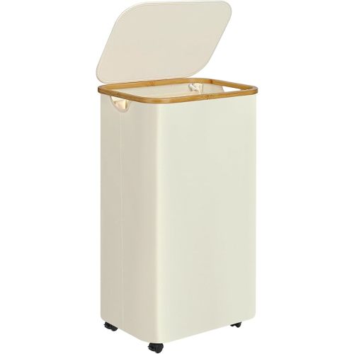 Large Laundry Basket with Wheels,100L Hampers for Laundry,Freestanding Laundry Hamper with Lid and Bamboo Handles,Collapsible & Waterproof Tall Cloth Hamper for Dorm Family(Beige)