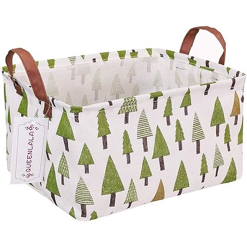 QUEENLALA Rectangular Laundry Hamper/Foldable Nursery Laundry Basket for Organizing/Storage Bin Baskets/Children Toy Office Bedroom/Toy Bin Closet Shelf Baskets（Rec-Green forest）